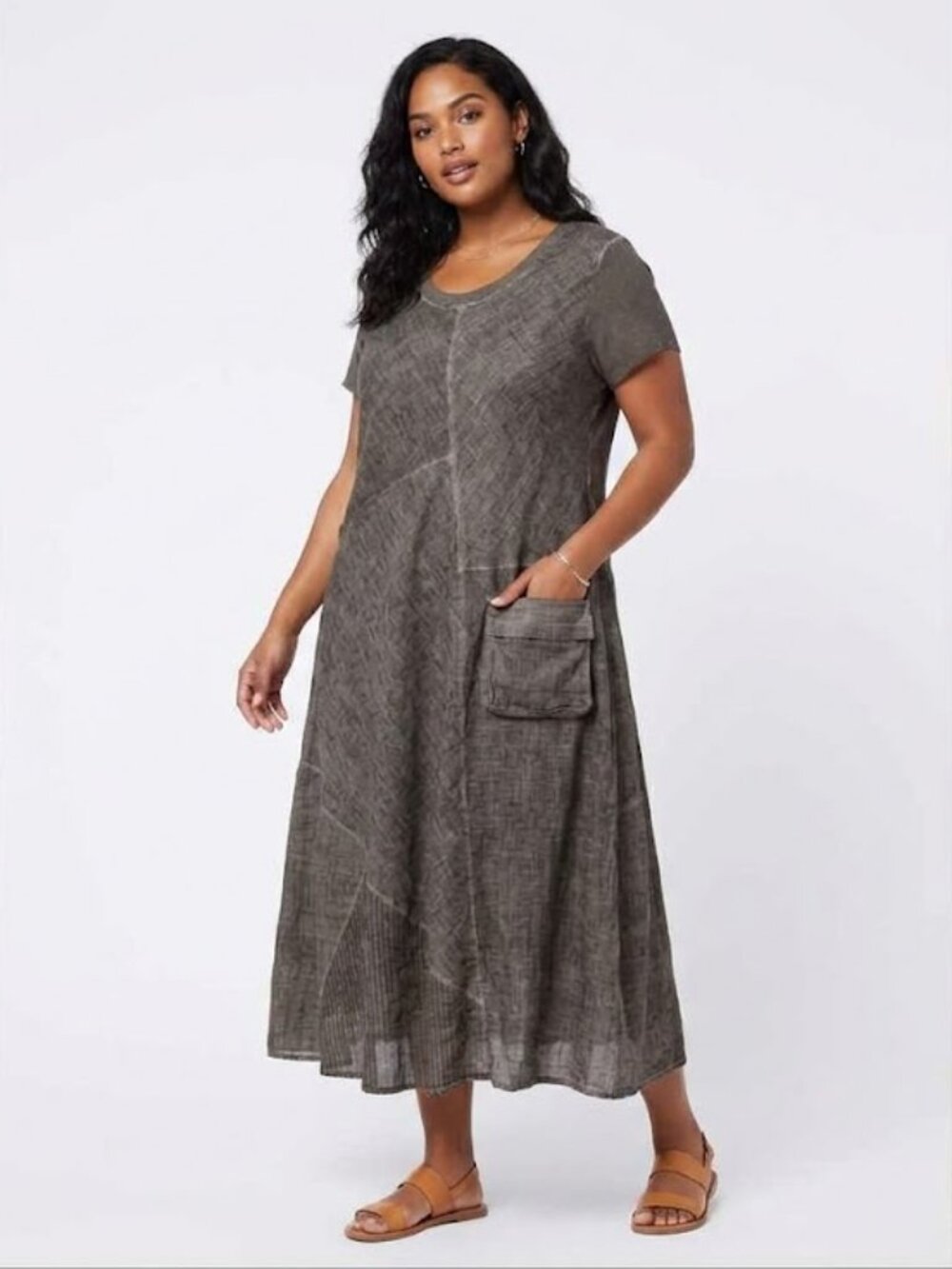 Carre Noir Size XL 100% Linen Short Sleeve Maxi Dress Made In Italy